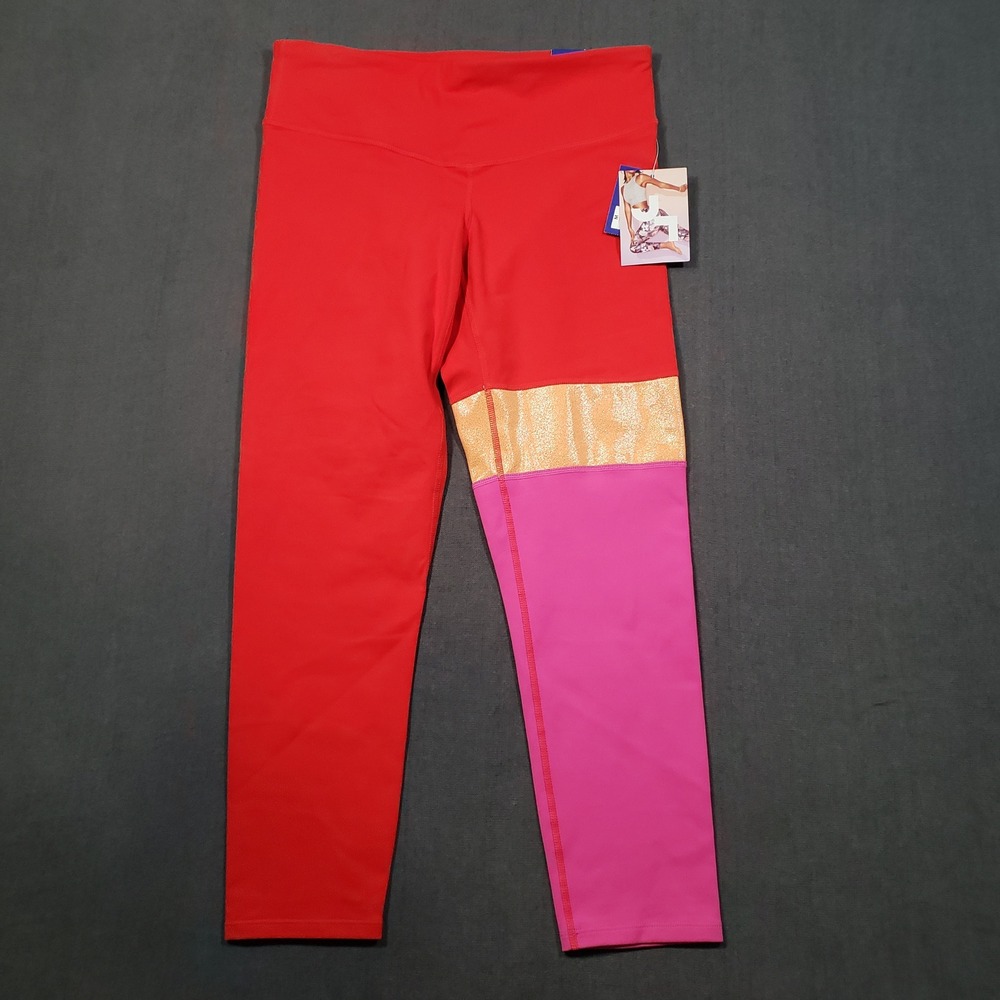 JoyLab Mid-Rise Legging Womens Medium Red Colorblock Metallic Gold Pink New